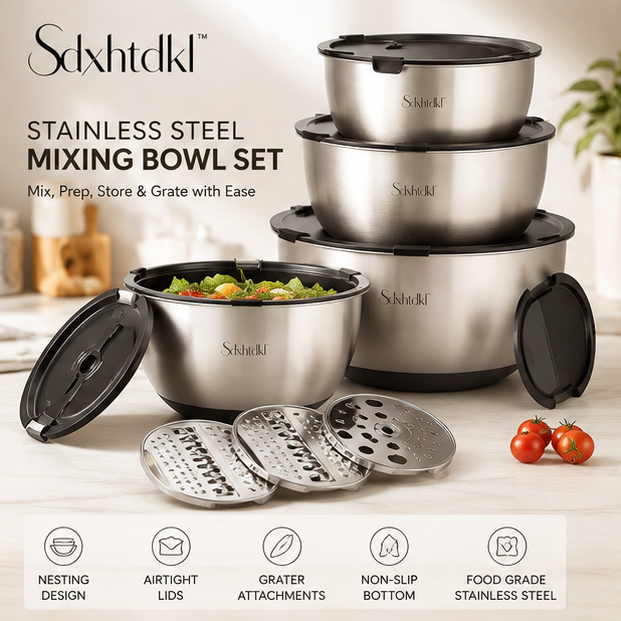 Sdxhtdkl™ Stainless Steel Mixing Bowl Set with Airtight Lids & Grater Attachments