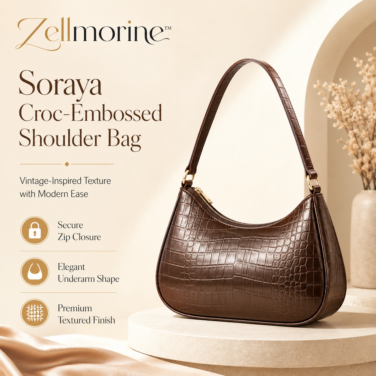 Zellmorine™ Soraya Croc-Embossed Shoulder Bag – Vintage-Inspired Underarm Purse with Zip Closure