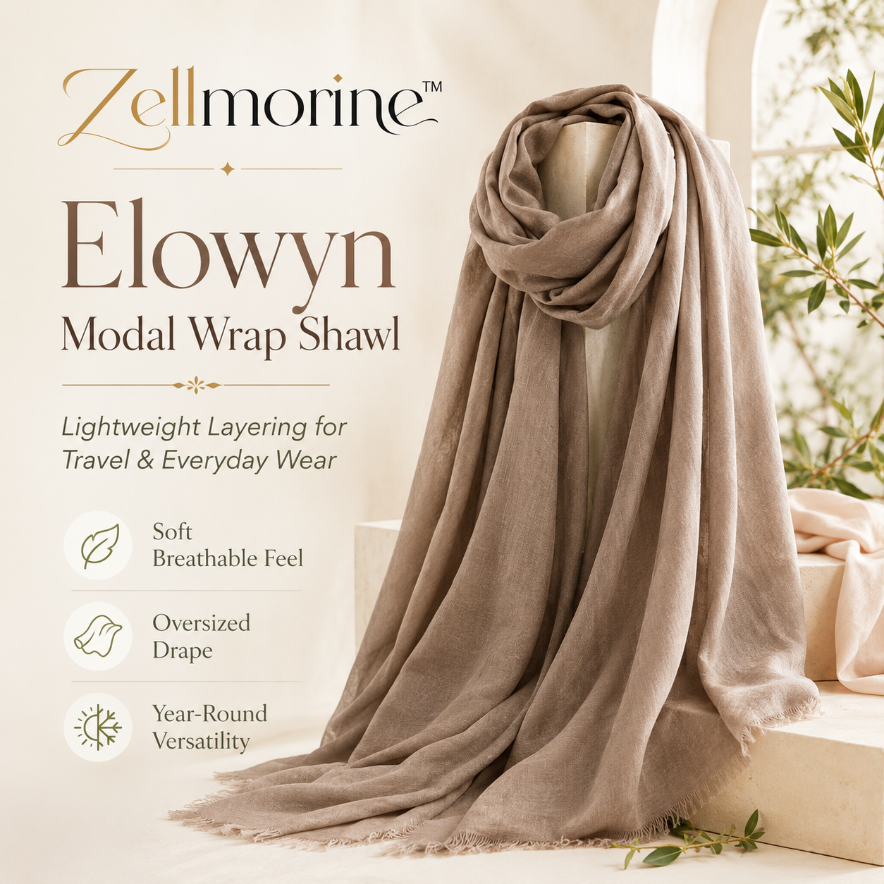 Zellmorine™ Elowyn Lightweight Modal Wrap Shawl – Soft Oversized Scarf for Travel & Layering