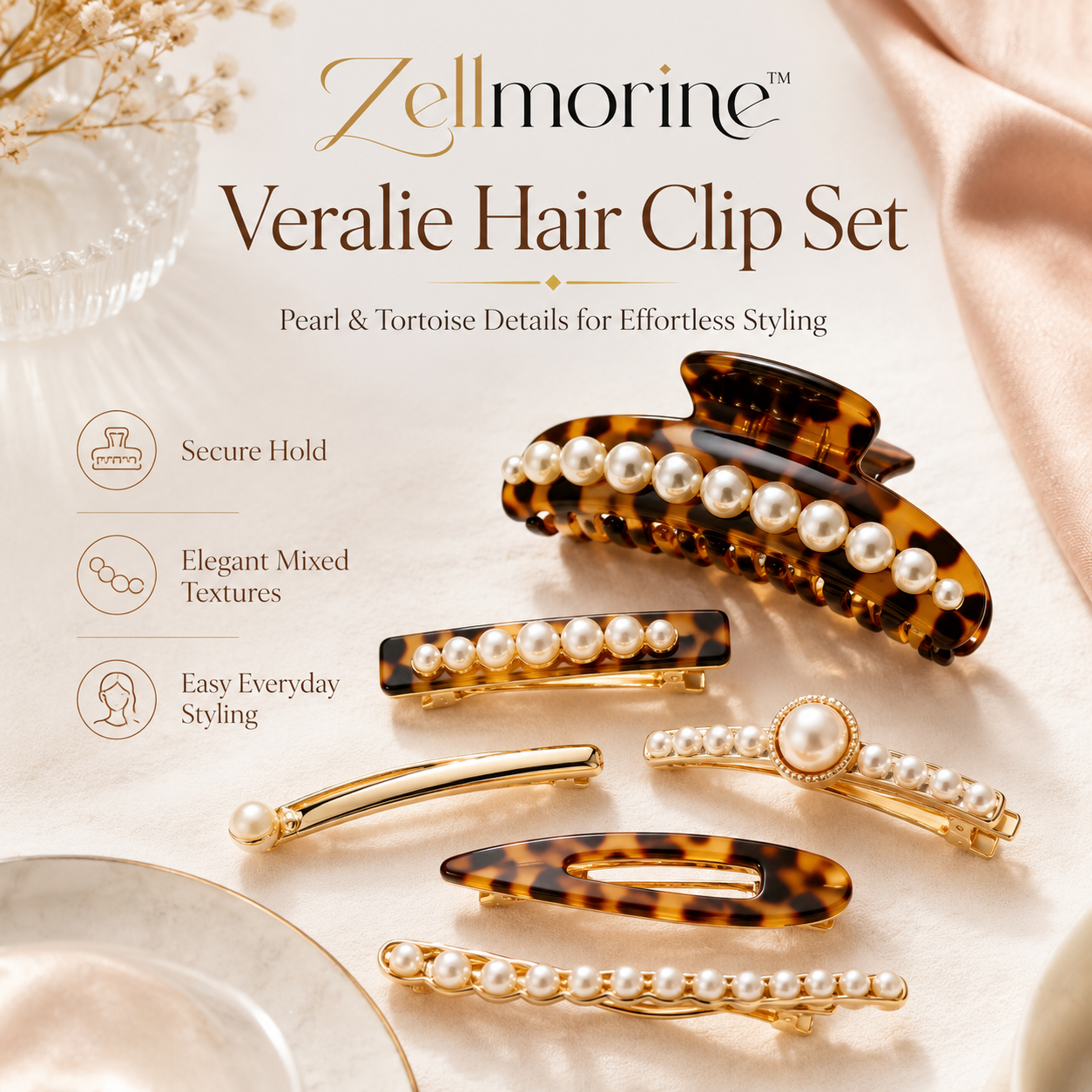 Zellmorine™ Veralie Pearl & Tortoise Hair Clip Set – Elegant French Barrettes and Claw Clips