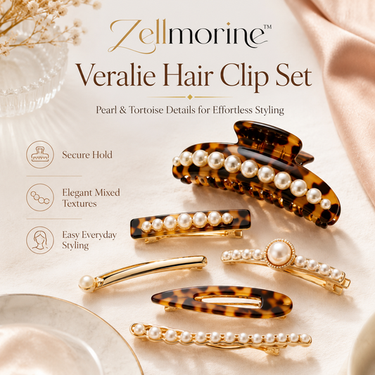 Zellmorine™ Veralie Pearl & Tortoise Hair Clip Set – Elegant French Barrettes and Claw Clips